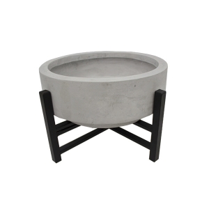 Grey fiberglass standing planter with metal base, 10''