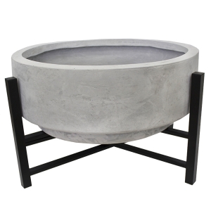 Grey fiberglass standing planter with metal base, 14''