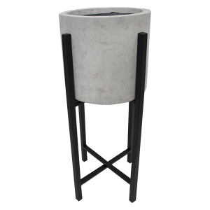 Grey fiberglass floor planter with metal stand, 28''