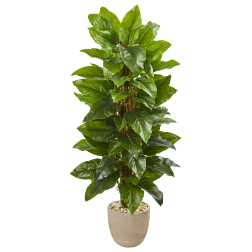 5 ft Large Leaf Philodendron Faux Plant In Sand Stone Planter