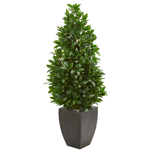 5 ft. Bay Leaf Cone Topiary Artificial Tree UV Resistant In Black Planter Outdoor