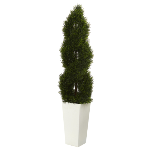 Double Cypress Spiral Topiary Artificial Tree In White Planter UV Resistant