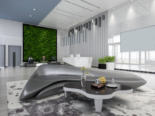 Preserved Moss Wall shown in this hi end reception Hotel lobby