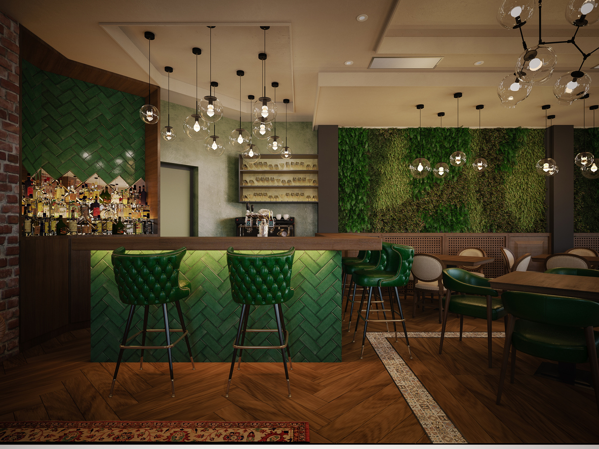 Custom Faux  Green Wall shown in restaurant  bar area